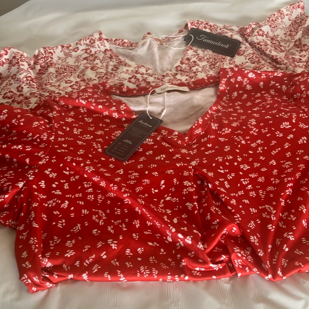 Two Red Floral V Neck Shirts